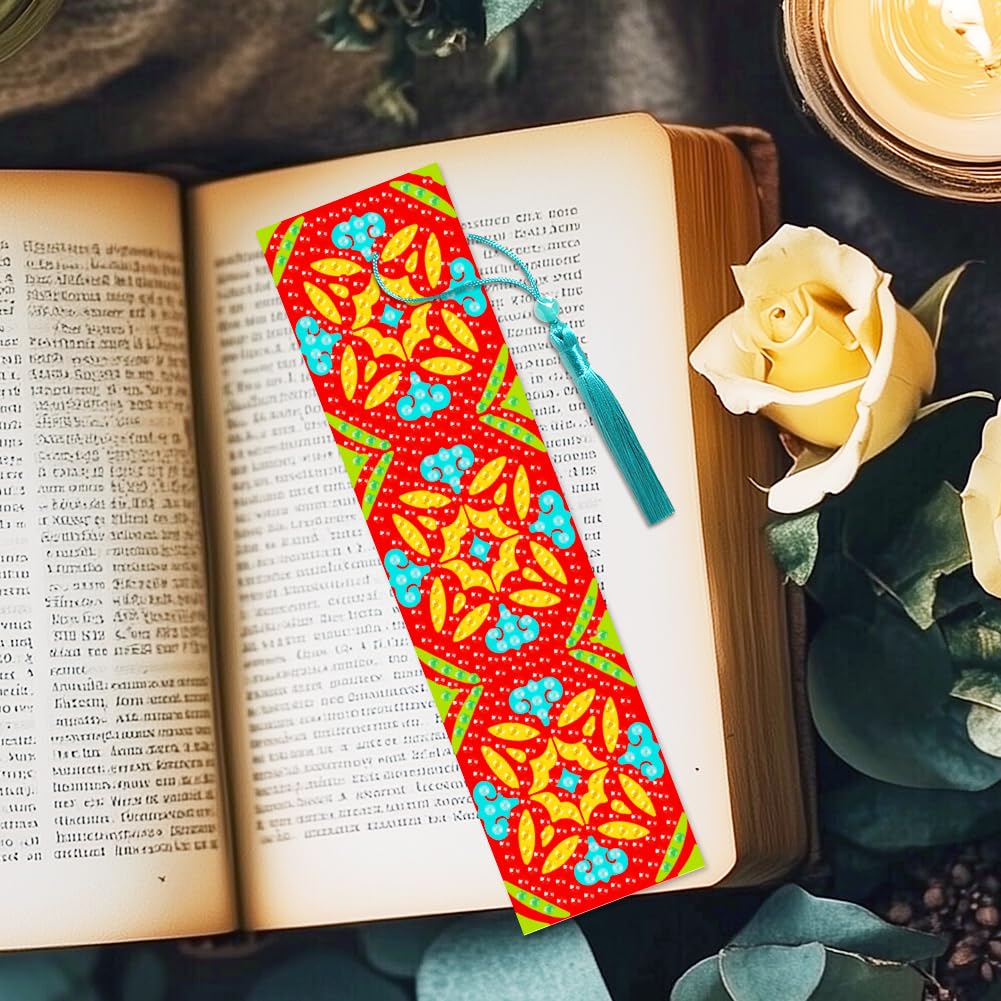 beinkmake 6Pcs Geometric 5D Diamond Art Bookmarks Vintage Floral Diamond DIY Painting Bookmarks Rhinestones Beaded Acrylic Tassel Bookmark for Adult Beginner Crafts