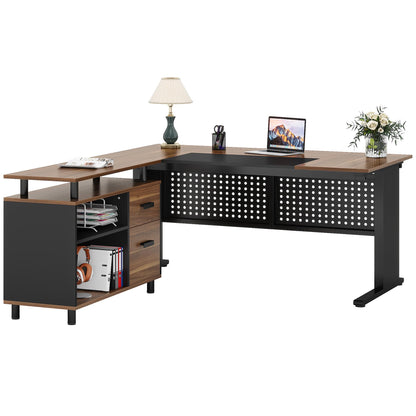 Tribesigns 63 Inch Executive Desk with File Cabinet, Large Office Desk L Shaped Computer Desk with Drawers and Storage Shelves, Business Furniture Desk Workstation for Home Office, Brown and Black