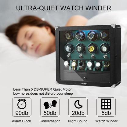 DUKWIN Watch Winder for 6 Automatic Watches,Lockable Watch Winders with Watch and Jewelry Storages, Super Quiet Mabuchi Motor with High-Gloss Piano Lacquer Finish,Built-in Illumination-White