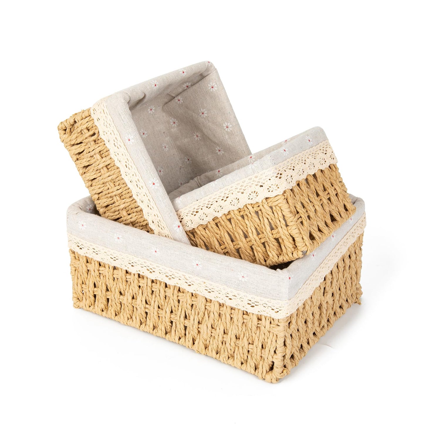 Wicker Baskets with Liner for Counter, Natural Paper Rope Rattan Storage Basket,Hand Woven Pantry Table Organizer Bins for Bedroom Living Room Bathroom School Shelves Office Desk (3 Pack Beige)
