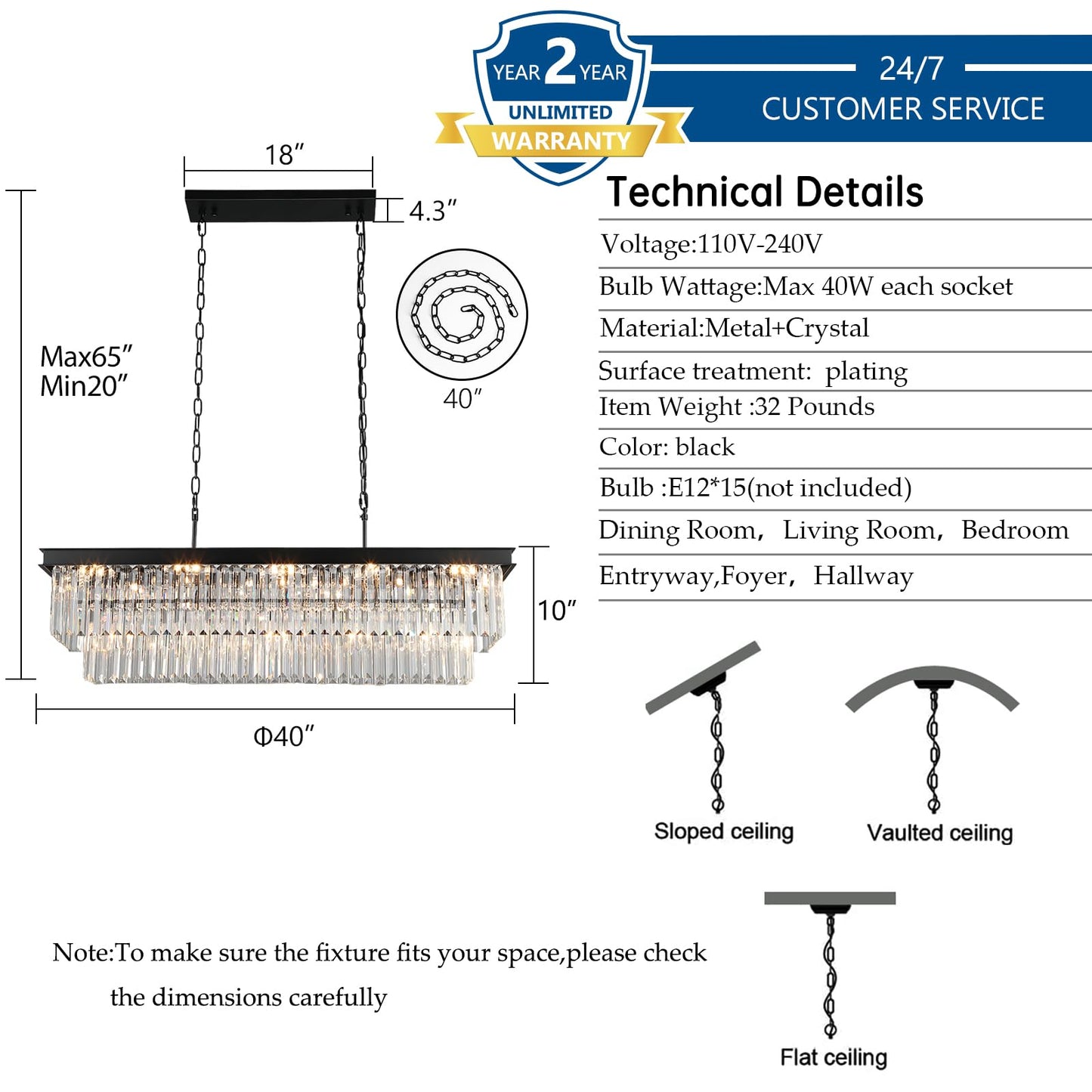 Weesalife Crystal Chandeliers for Dining Room Light Fixtures Over Table，15-Lights Black Modern Rectangle Chandeliers for Kitchen Island Bar L40 Inch
