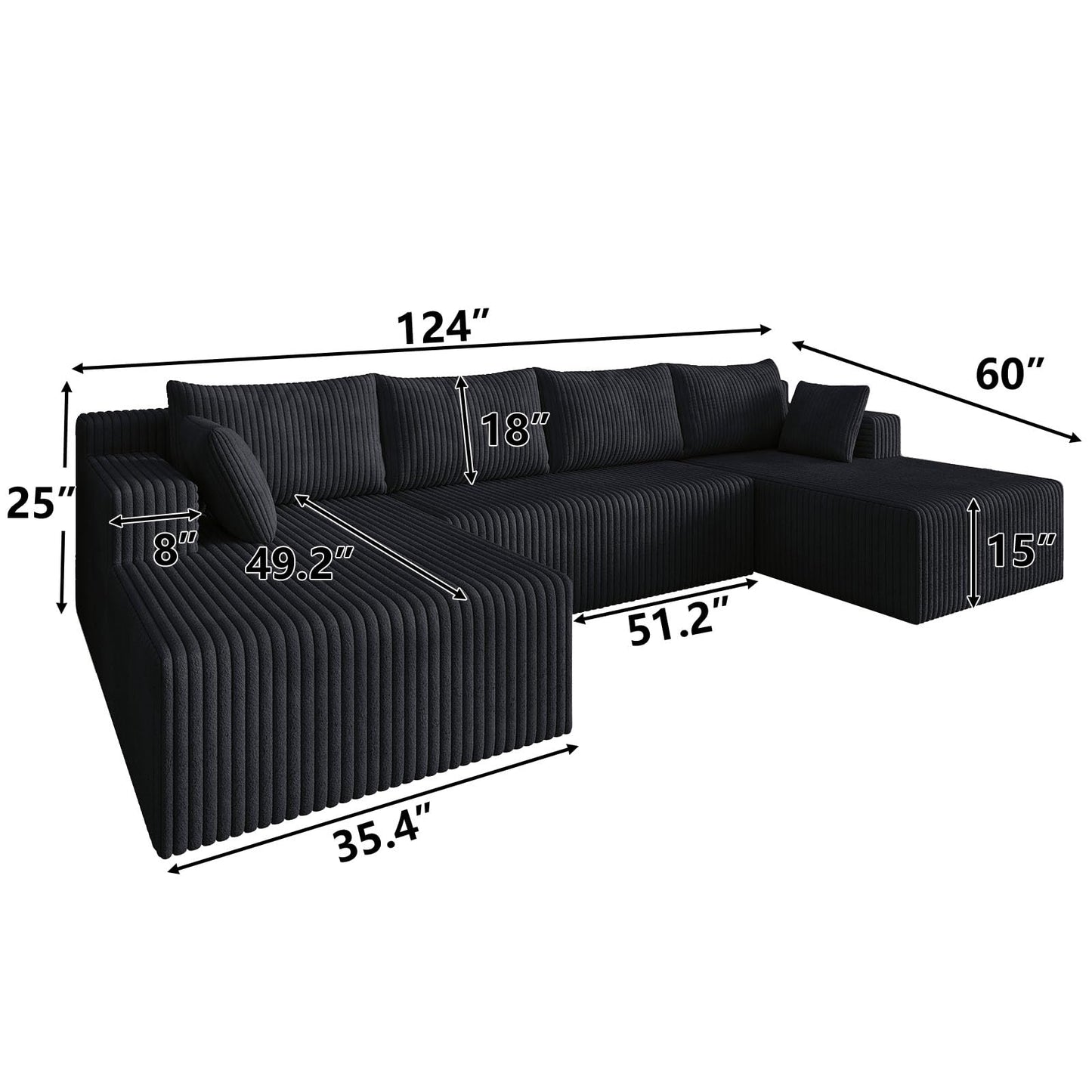 124 Inch Oversized Boneless Sectional Sofa Cloud Couch for Living Room - Symmetrical U Shaped Modular Couches Set with Double Chaise, No Assembly Floor Compression Sofa & Couch