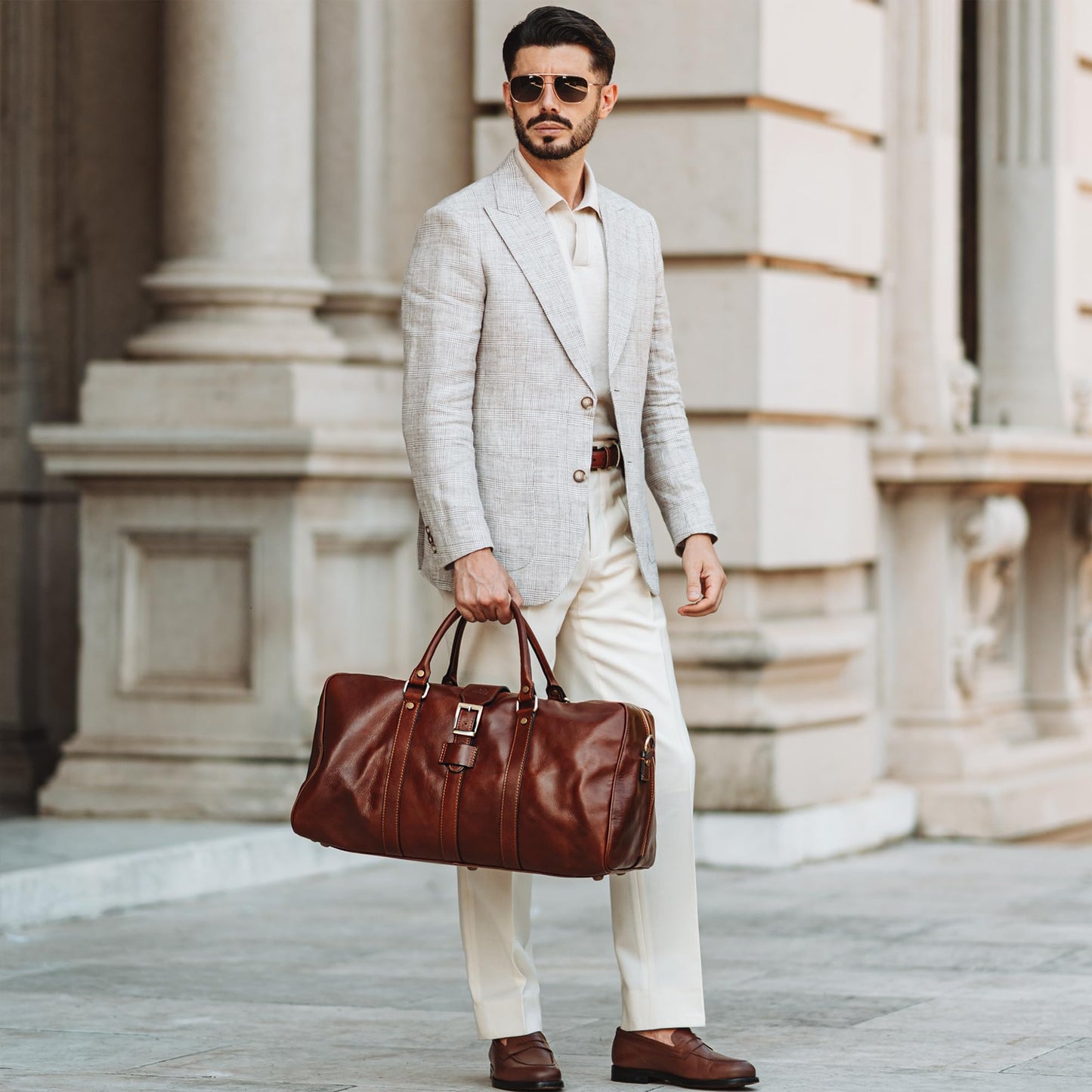 Time Resistance Leather Duffle Bag - Full Grain Leather Travel Bag for Men and Women - Carry-On Duffel Bag (Cognac)