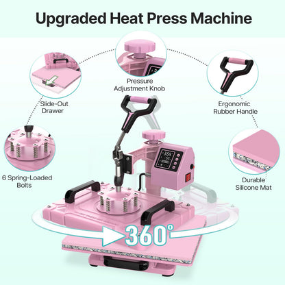 Slendor Heat Press Machine 12x15 inch, 5 in 1 360-Degree Swing Away Digital T Shirt Pressing Machine Multifunction Heat Transfer Sublimation Combo for T Shirts Mugs Hat Plate Cap