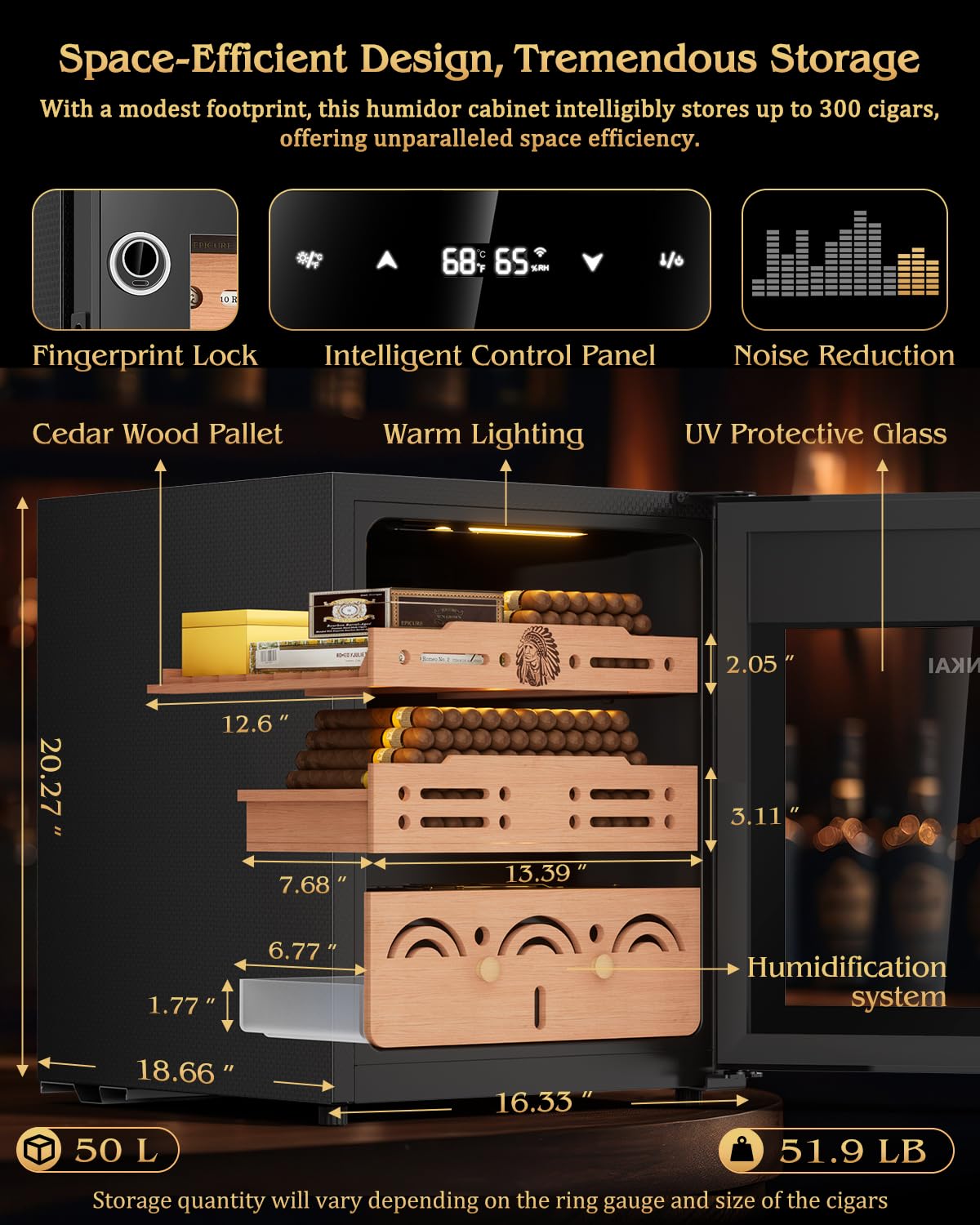 FANKAI Electric Cigar Humidor Cabinet with Temperature & Humidity Control System, 50L Cooling Cigar Fridge up to 300 Counts, Cedar Wood Shelves,Digital LED Screen,Fingerprint Safety Lock,Gift for Men