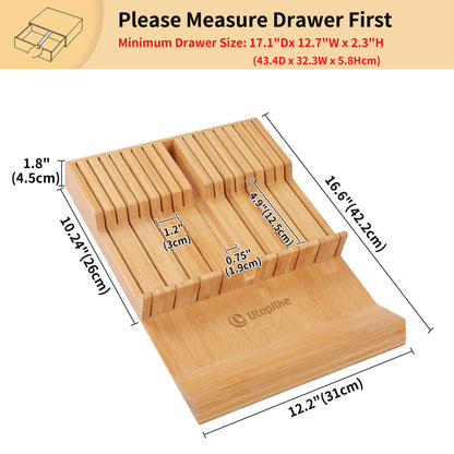 Utoplike In-drawer Knife Block Bamboo Kitchen Knife Drawer Organizer Large, handle Steak knife Holder without Knives, Fit for 16 Knife and 1 Sharpening Steel (Knives & Sharpening Not Included)