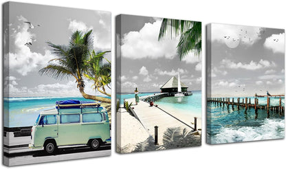 Acocifi Ocean Canvas Wall Art - Mint Green Beach Coastal Seascape Painting - Framed Tropical Palm Tree Print 12"x16"x3