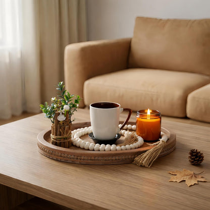 16" 11.8" 58" x Oval Wood Decorative Tray with Bead Garland, Farmhouse Coffee Table & Kitchen Island Dcor, Rustic Brown