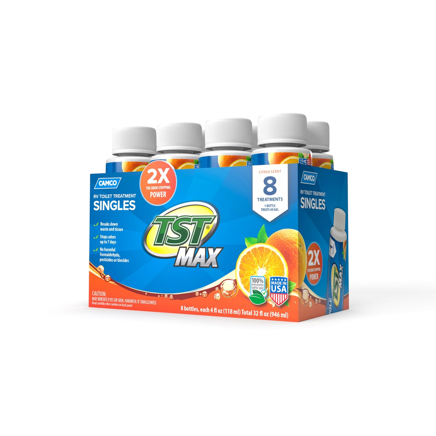 Camco TST MAX RV Toilet Treatment - Formaldehyde Free - Breaks Down Waste And Tissue - Septic Tank Safe - Treats up to 8-40 Gallon Holding Tanks -Orange Scent, (8) 4 oz Bottles (41191)
