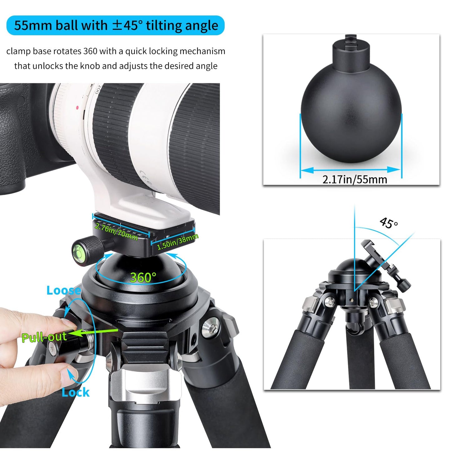 INNOREL Carbon Fiber Tripod for Hunting, 360° Large Ball Head(2.17"), with Arca Swiss Dovetail Mount, 70" Hevy Duty Stable Tripod for Photography and Outdoors, Max Load 77lb/35kg, P364C