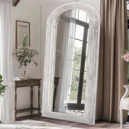 ZHUNFA Arched Full Length Mirror with Solid Wood Frame, 71x32 Farmhouse Wall Mirror Full Length with Stand, Vertical Hanging, Leaning Standing for Bedroom, Living Room, Rustic White
