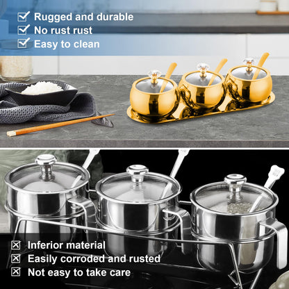 KEJJRIUTN 304 Stainless Steel Seasoning Containers Set, Condiment Jar Spice Container with Lid Spoon and Tray