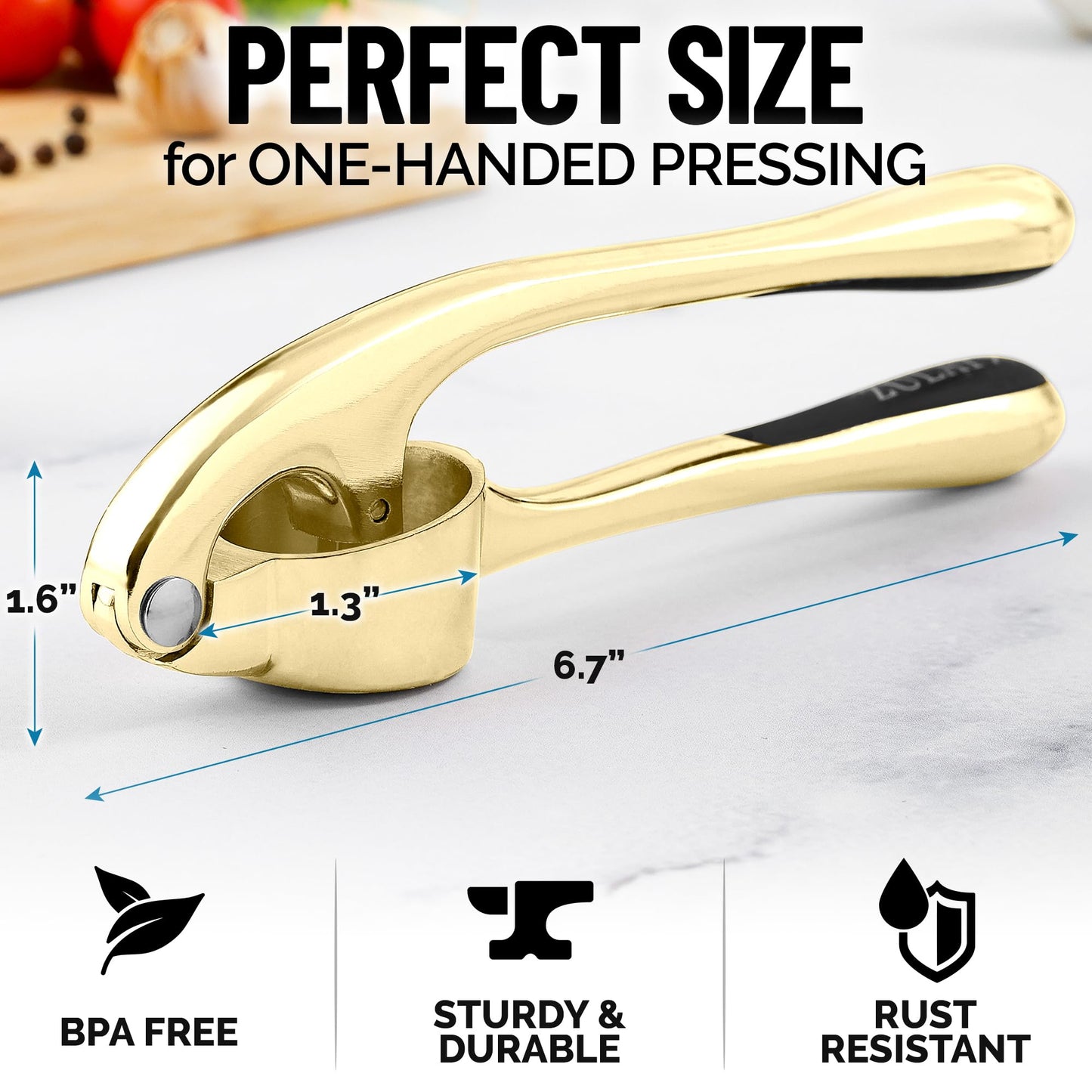 Zulay Kitchen Premium Garlic Press with Soft, Easy to Squeeze Handle - Includes Silicone Garlic Peeler & Cleaning Brush - 3 Piece Garlic Mincer Tool - Sturdy Easy to Clean Garlic Crusher (Gold)