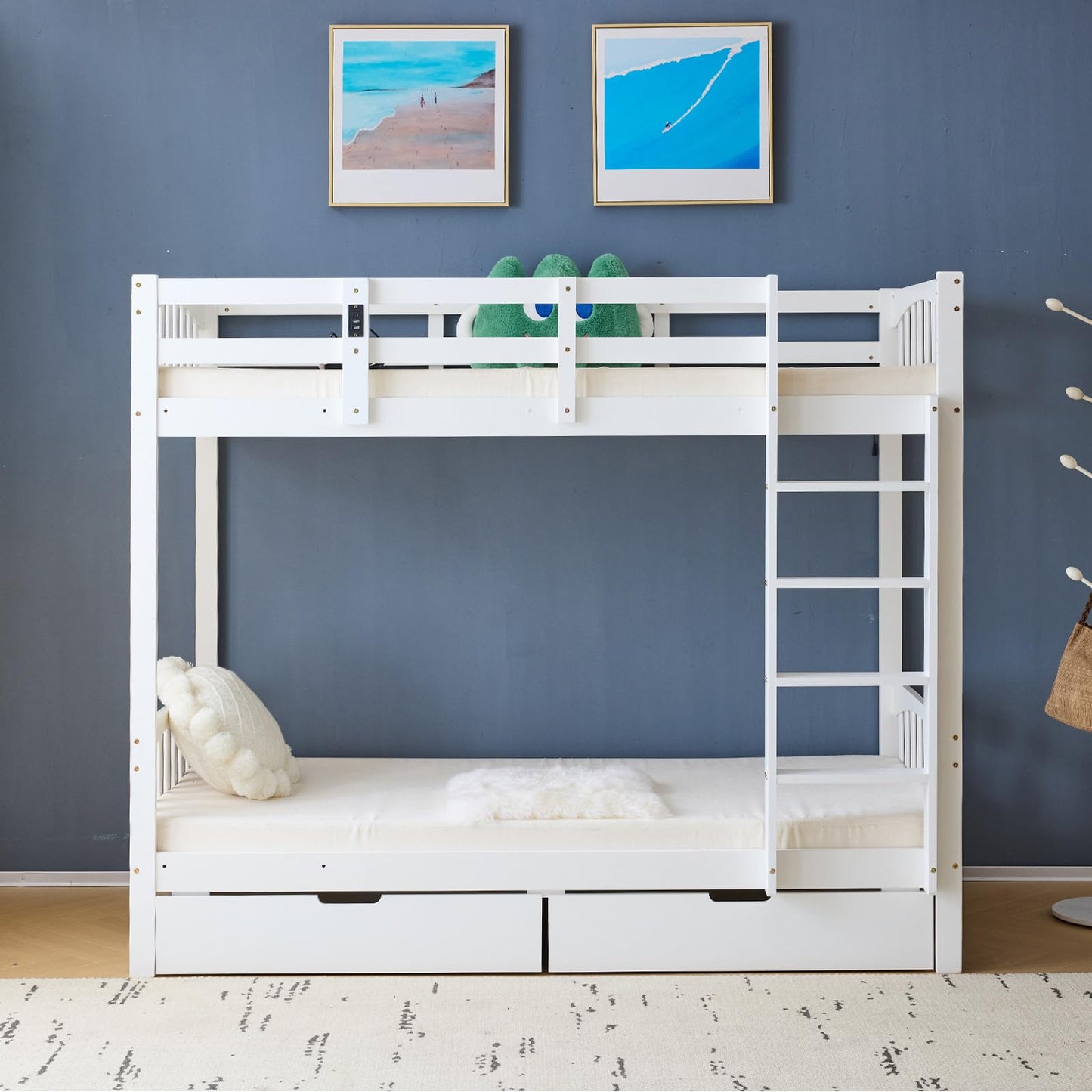 VINGLI Bunk Bed Twin Over Twin with 2 Storage Drawers/RGB LED/Charging Station, Solid Wood Bunk Bed Frame with 15 inches High Safety Guardrail and Ladders for Kids, White