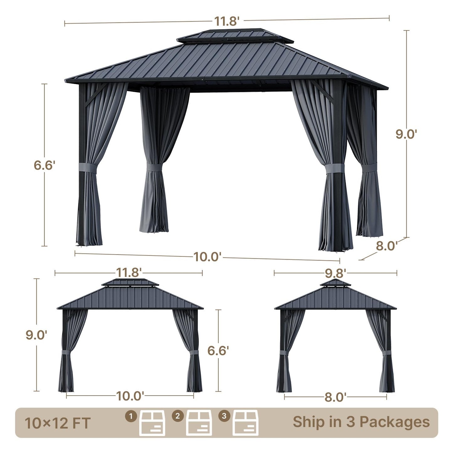 Ahomly 10'x12' Hardtop Gazebo, Aluminum Frame Metal Canopy with Double Roof, Outdoor Gazebo with Breathable Netting & Privacy Curtains, Pavilion for Patios for Backyard Deck Dark Grey