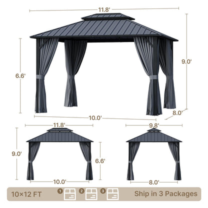 Ahomly 10'x12' Hardtop Gazebo, Aluminum Frame Metal Canopy with Double Roof, Outdoor Gazebo with Breathable Netting & Privacy Curtains, Pavilion for Patios for Backyard Deck Dark Grey