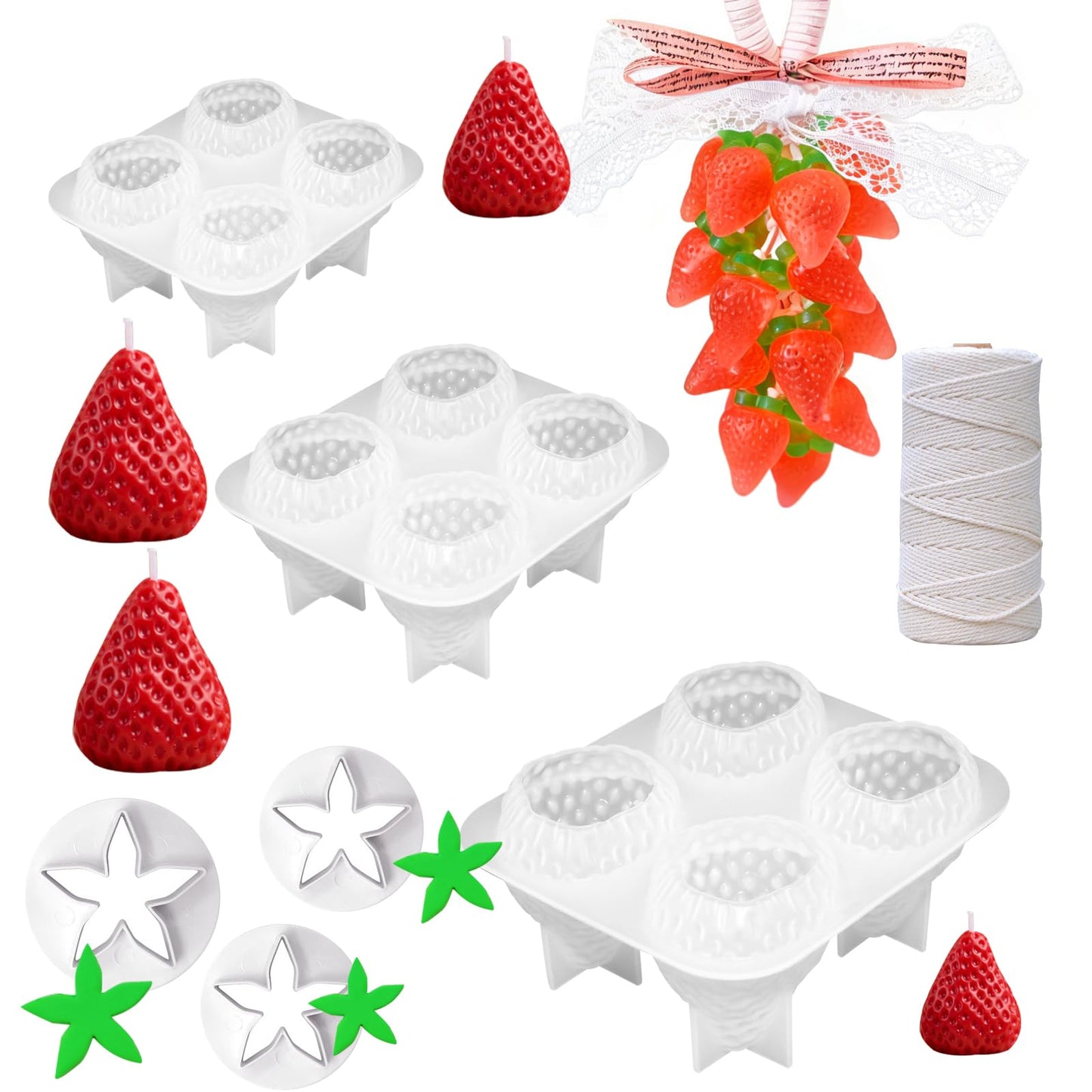 3D Strawberry Grape Silicone Molds, 3 Sets Strawberry Soap Candle Molds with 3 Leaf Molds & 200Ft White Cotton Rope for Soap Making, Scented Candle DIY & Craft Gifts