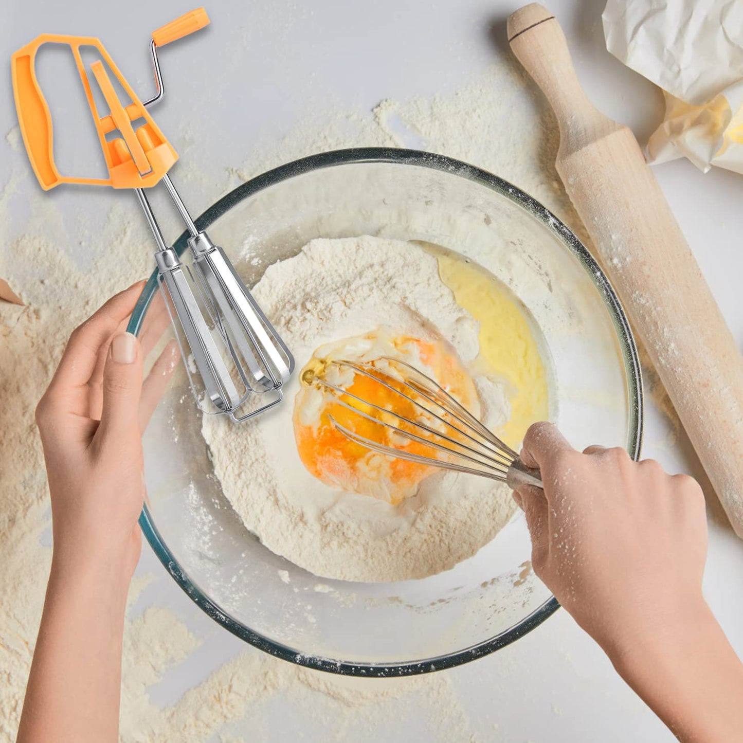 Egg Beater Mixer,Stainless Steel Rotary Hand Whip Whisk Hand Mixer Plus Egg Beater Cooking Tool Suitable For Kitchen Gadget