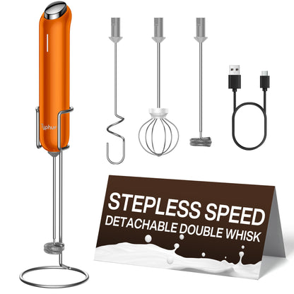 InstaWhisk Milk Frother with Variable Speed, Rechargeable Coffee Frother Wand with Detachable Double Whisk, Drink Mixer Handheld Electric Stirrer for Latte, Cappuccino, Matcha, Almond Milk (Orange)