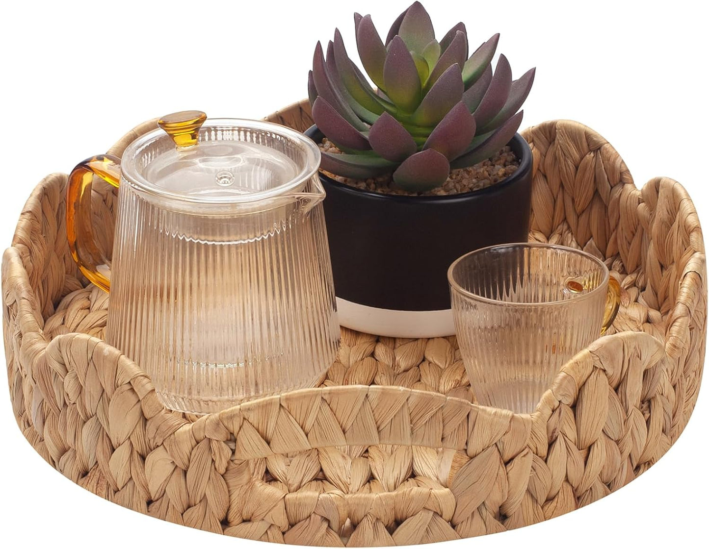 12 inch YANGQIHOME Round Serving Tray, Decorative Water Hyacinth Scalloped Basket Tray with Built-in Handles, Round
