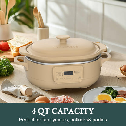 MAGNIFIQUE 4 Quart Programmable Casserole Slow Cooker, 8-in-1 Multi Cooker with Removable Non-Toxic Stoneware Crock, Claypot Slow Cooker, Rice-cooking, Nonstick, Oven Safe Pot to 450°F, Brown