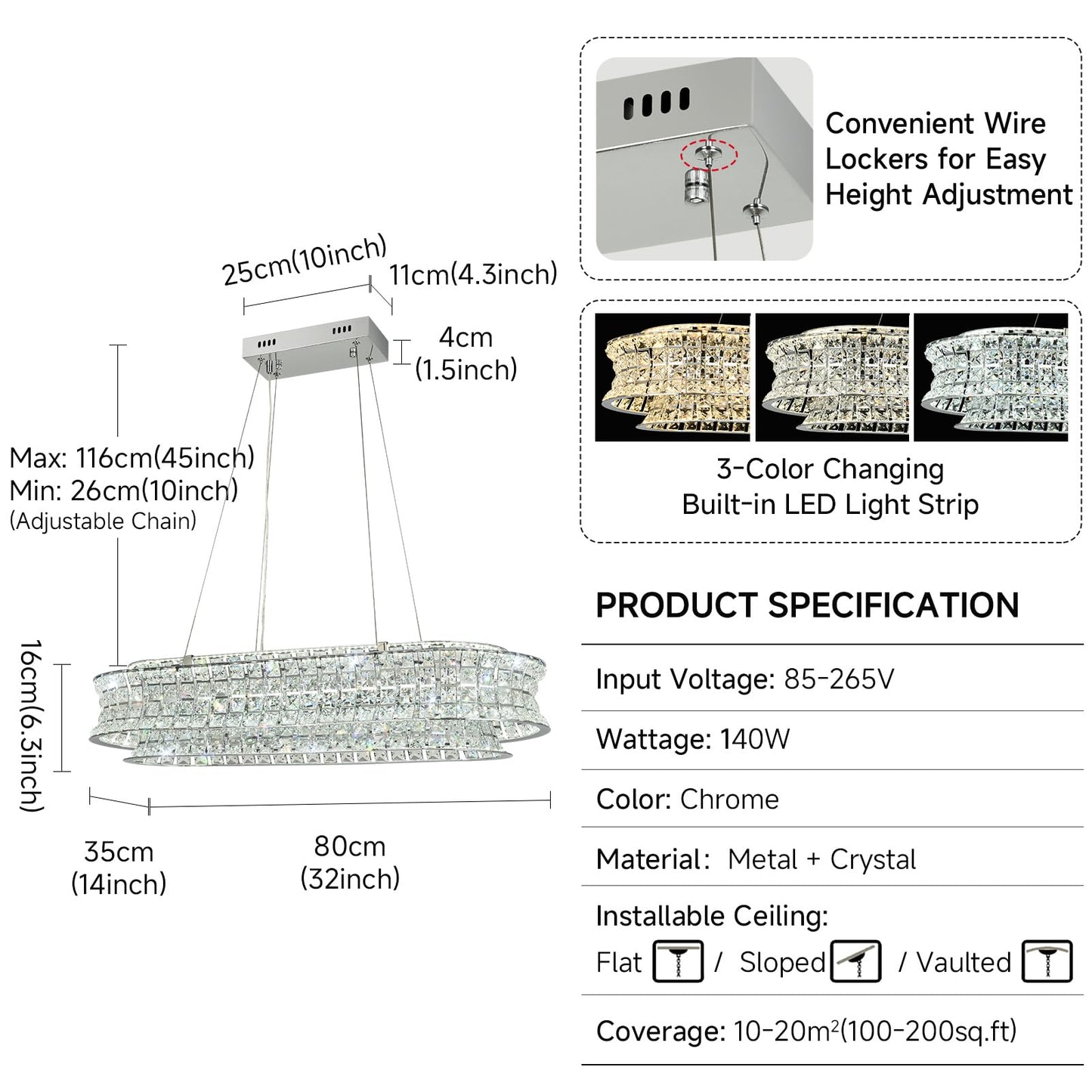 AOOCHOK Modern Crystal Chandelier for Living Room, LED Chrome Pendant Lights, Oval Crystal Hanging Lamp for Living Room, Dining Room, Restaurant, 30 x 14 inch