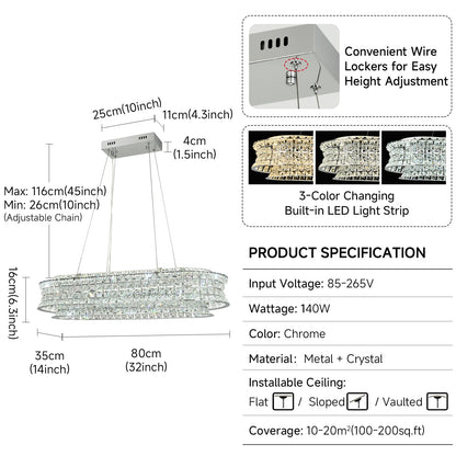 AOOCHOK Modern Crystal Chandelier for Living Room, LED Chrome Pendant Lights, Oval Crystal Hanging Lamp for Living Room, Dining Room, Restaurant, 30 x 14 inch