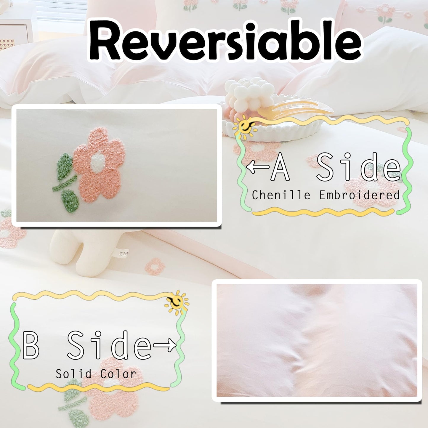 MorroMorn Cotton Duvet Cover Queen Size, 3D Embroidery Floral Bedding Sets, Fluffy Chenille Embroidered Comforter Covers Breathable for Girls Kids (Flowers White Full/Queen, Comforter Not Included)