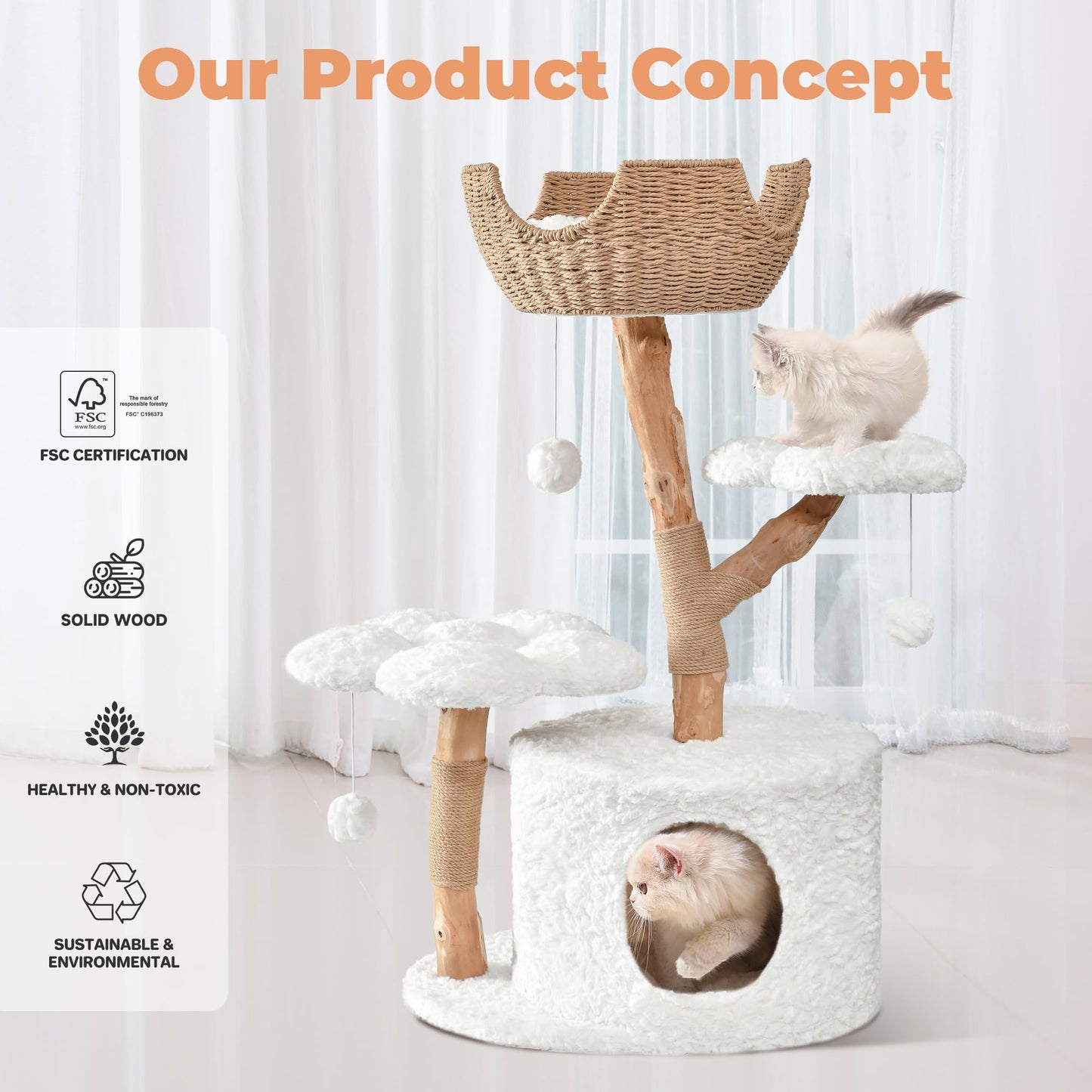 Easyego Modern Cat Tree, 40.5" Aesthetic Wood Cat Tree Tower for Large Cats, Luxury Cat Condo with Scratching Posts and Flower Platforms, Cat Furniture, White