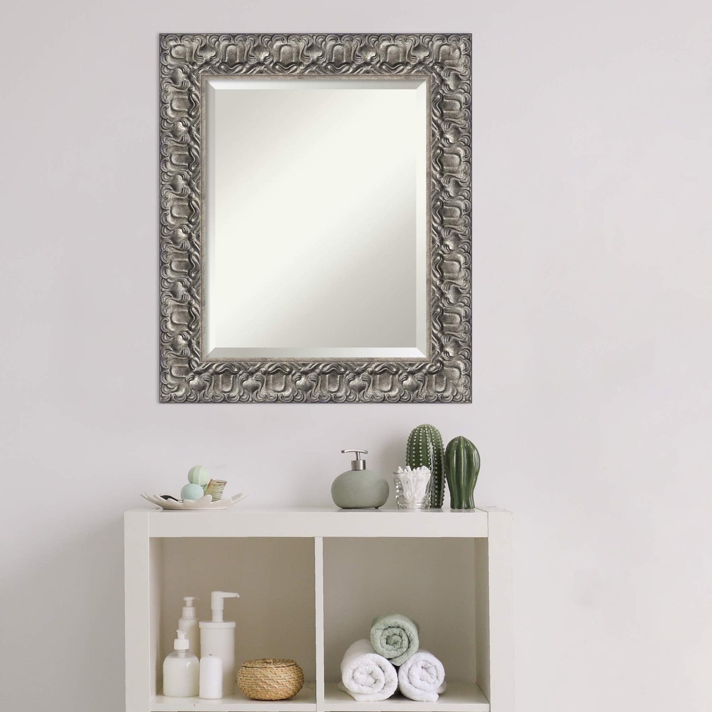 Amanti Art Silver Bathroom Mirror for Over Sink, 26x22 Silver Luxor Rectangle Vanity Mirror, Small Traditional Wood Frame, Hangs Horizonally and Vertically, Bathroom Wall Decor, Beveled Edge