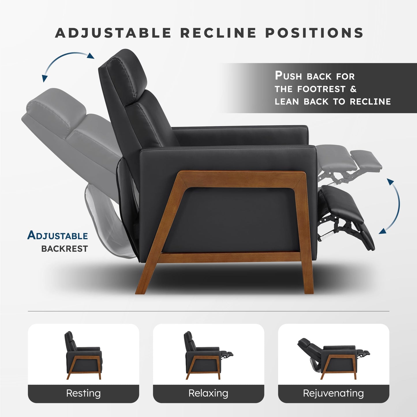 Lexicon Push Back Recliner Chair, Faux Leather Upholstered Reclining Chair with Footrest, Exposed Dark Brown Finish Wood Frame, Small Recliner for Small Space, Living Room, Bedroom, Black