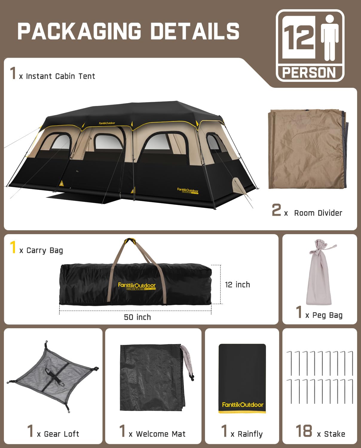 FanttikOutdoor Zeta C12 Pro Max Instant Cabin Tent 12 Person Camping Tent Setup in 90 Seconds with Rainfly & Windproof Portable with Carry Bag for Family Camping & Hiking, Upgraded Ventilation, Khaki