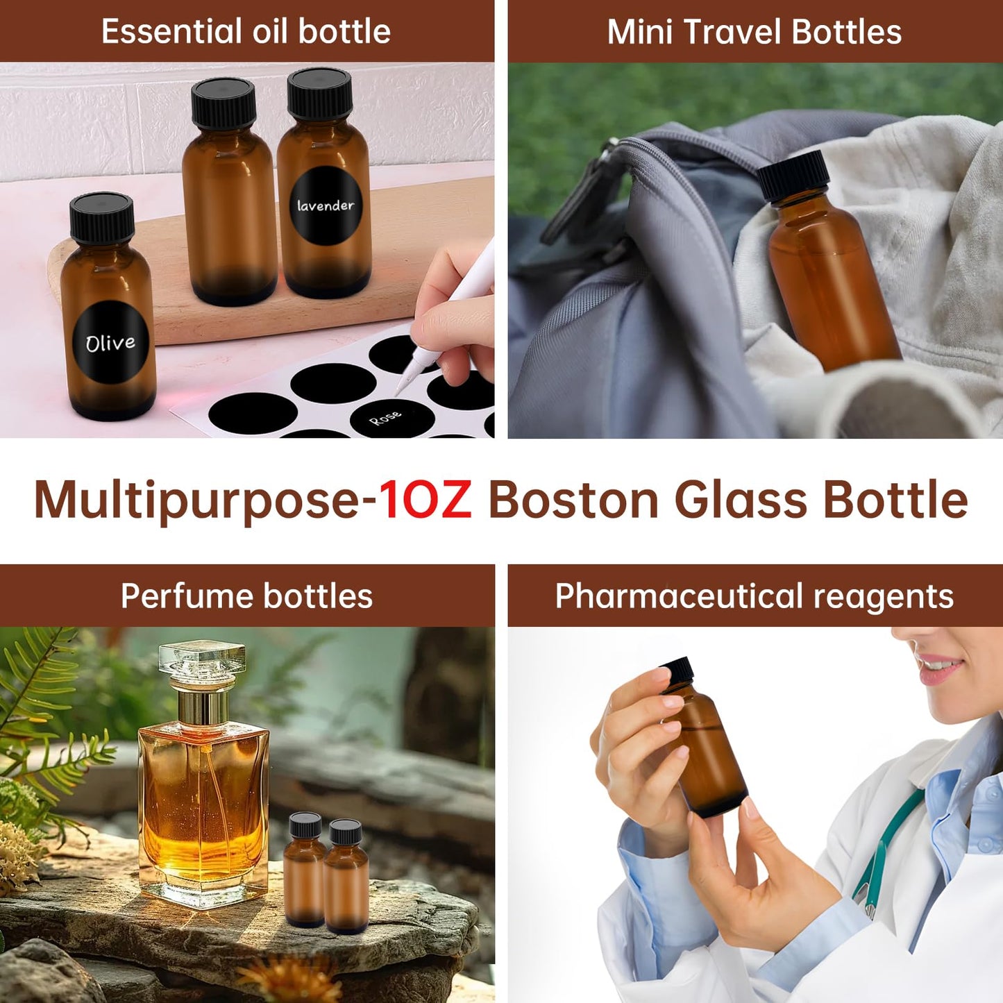 REUJIHXY 12Pcs 1oz Amber Glass Bottles - 30ML Small Glass Jars with Black Lids Empty Boston Bottle,Dispensing Bottles for Homemade Vanilla Extract, Essential Oils, Herbal Medicine (12)