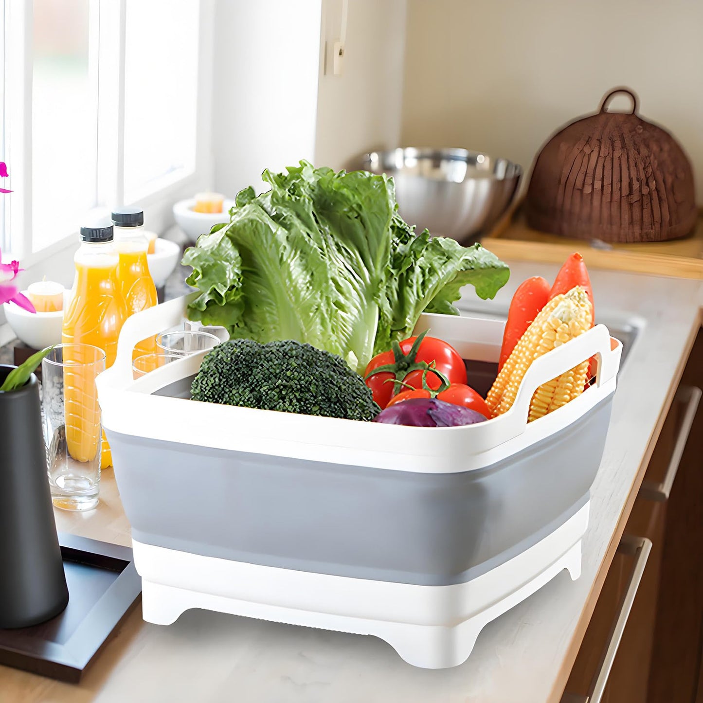 Collapsible Dish Basin with Drain Plug, 9L 2.4 Gallon Portable Wash Basin Dishpan Space Saving Dish Washing Tub Foldable Sink Tub Kitchen Storage Tray Grey