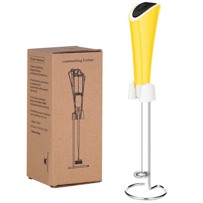 Commonfrog Powerful Milk Frother for Coffee, Fast Handheld Drink Mixer with Stainless Steel Whisk, Battery Operated Hand Frother Stirrer Wand-stand- yellow