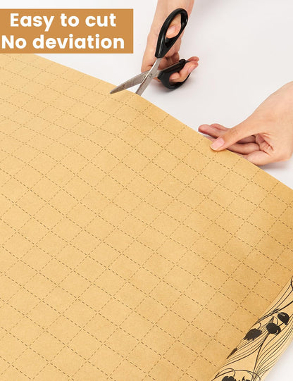 Kraft Floral Wrapping Paper- 3 Mini Rolls, 17 Inch x 9.8 Feet Each- 80gsm Gift Wrapping Paper with 33Ft Wrapping Twine, Grid Lines on Reverse- Perfect for Birthday Mother’s Day Wedding Christian Gifts