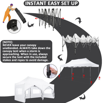 COBIZI 10x20 Pop Up Canopy with 6 Sidewall,Heavy Duty Canopy UPF 50+ All Season Wind Waterproof Commercial Outdoor Wedding Party Tents for Parties Gazebo with Roller Bag(10 x 20 ft Snow White)