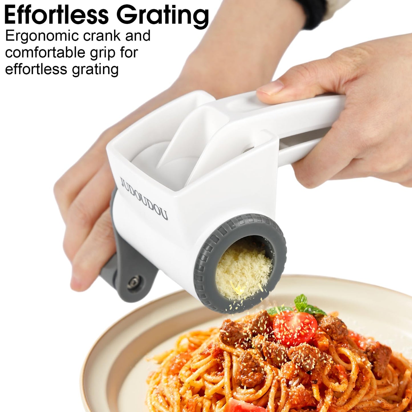 JUDOUDOU Cheese Grater Hand Crank - Classic Rotary Cheese Grater, Parmesan Cheese Shredder Handheld with 3 Stainless Steel Drums, Can be used for Hard Cheese, Chocolate and Nuts - Dishwasher Safe