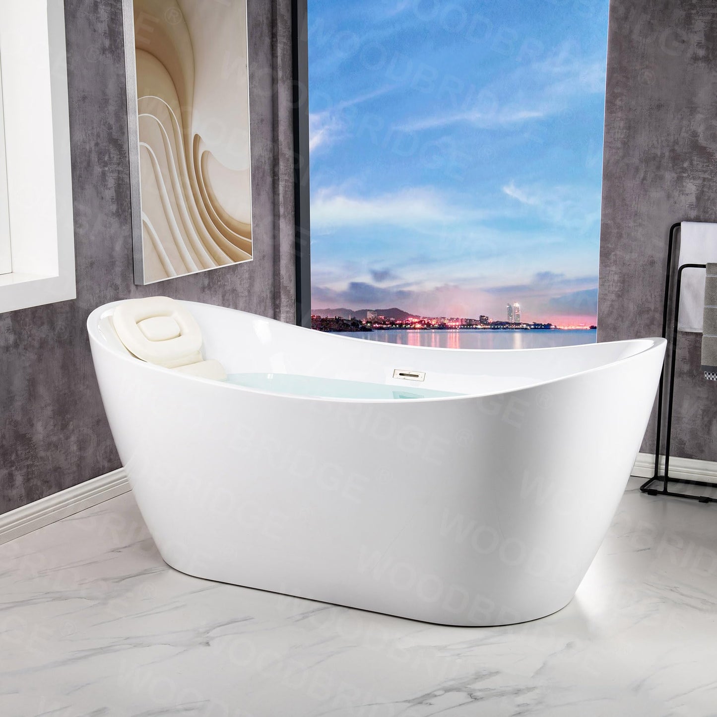 WOODBRIDGE 67" Acrylic Freestanding Bathtub Contemporary Soaking Tub, White Acrylic (Brushed Nickel Drain/Overflow) with Pillow