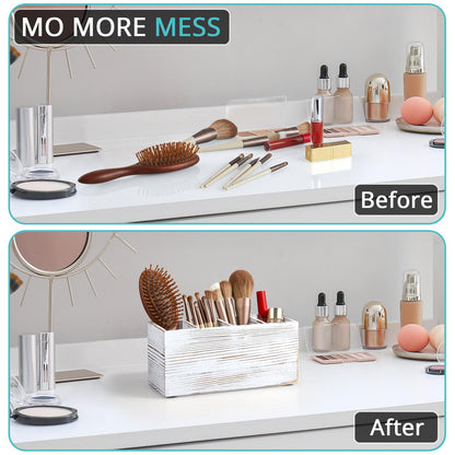 Pencil Pen Holder for Desk, White Washed Wood Office Desk Organizers and Accessories with 4 Slots for Countertop, Makeup Brush Holder Organizer for Bathroom Vanity, Silverware Caddy for Party