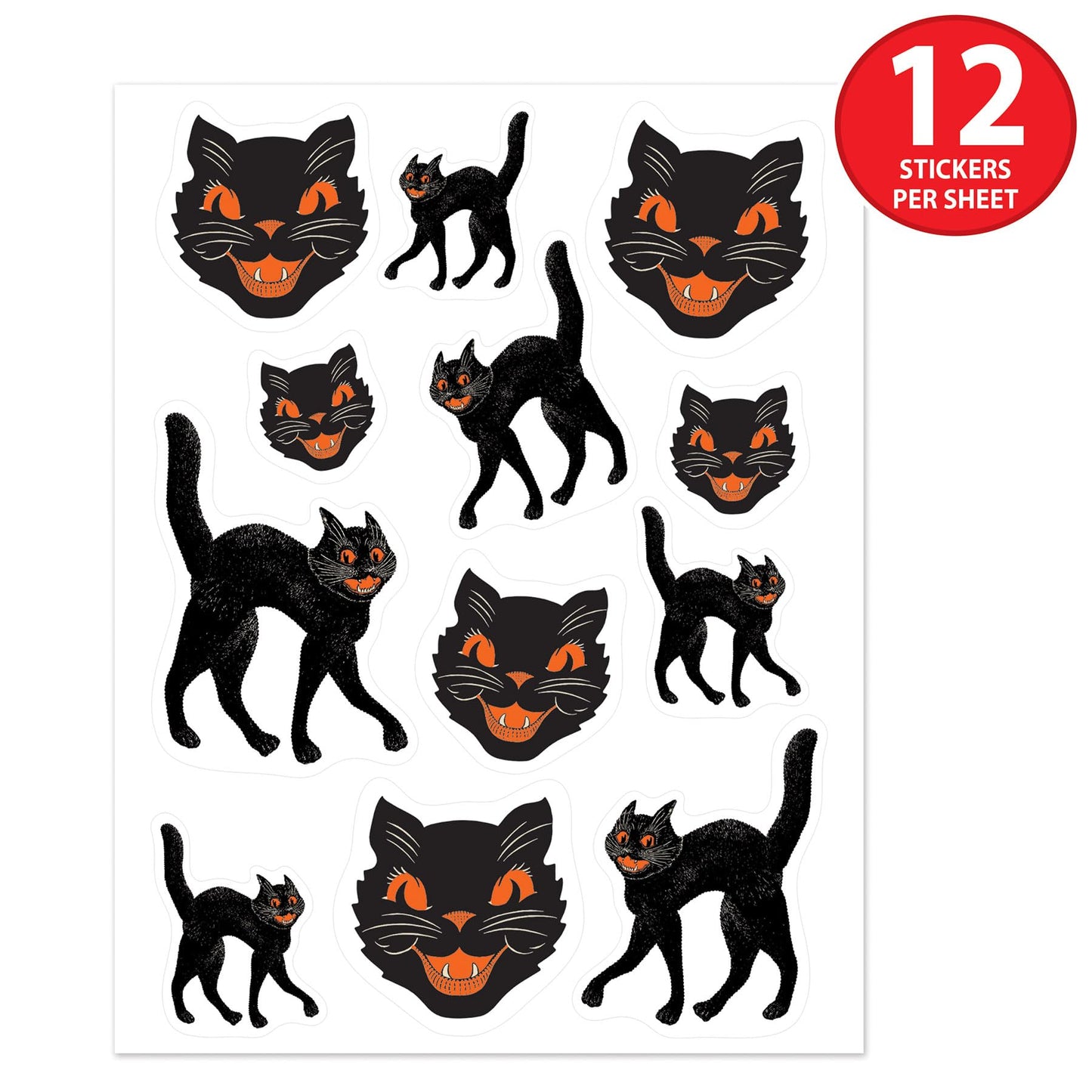 Beistle Vintage Halloween Black Cat Stickers – 16 Sheets of Retro Peel-and-Stick Decals with Classic Faces and Spooky Poses, 192 Total Seals for Crafts, Scrapbooking and Party Handouts