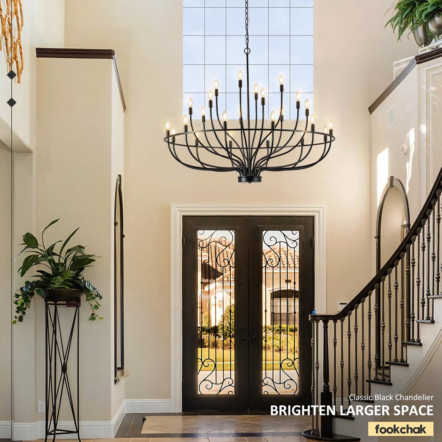 FookChak 24 Light Black Chandelier 51'' Large Candle Chandeliers for High Ceiling Foyer Modern Farmhouse Chandelier Light Fixture for Large Living Room Dining Room Stairs Entry Restaurant Hotel