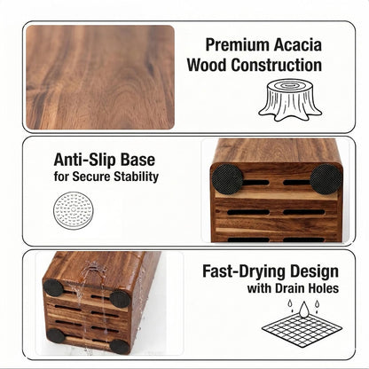 Acacia Wood Universal Knife Block, Countertop Knife Holder Organizer with Scissors & Sharpening Rod Slots, Space Saving Storage without Knives