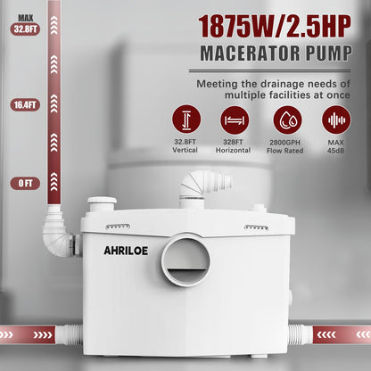 1875W Macerator Pump, 2.5HP Macerating Toilet System with 2 Outlets/4 Inlets, Sewage Pump for Basement, Sink, Toilet, Laundry, Kitchen