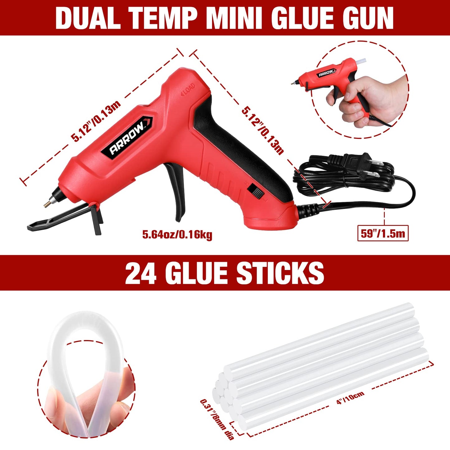 Arrow Mini Hot Glue Gun, Dual Temp Glue Gun Kit with 24Pcs Mini Glue Sticks, High/Low Temp Fast Heating Glue Guns with Stand for DIY, Decoration, Crafts, Quick Repairs