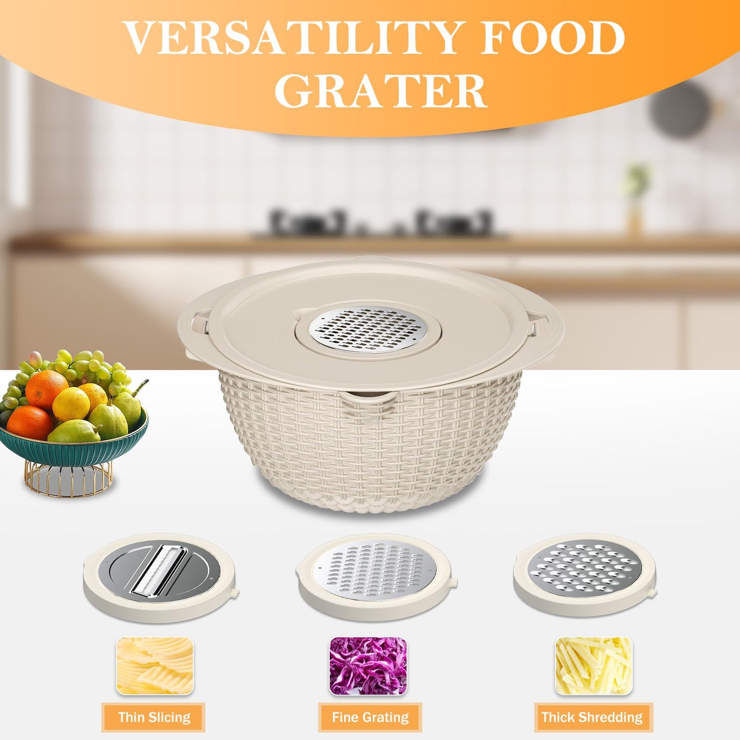 4-1 Colander with Bowl Set, Food Strainers and Colanders, Fruit Washing Bowl with Strainer, Rotatable Colander for Kitchen, Aesthetic Kitchen Gadget, Christmas & New Year Gifts - Beige