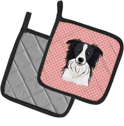 Caroline's Treasures BB1241PTHD Checkerboard Pink Border Collie Pair of Pot Holders, Kitchen Heat Resistant, 7 1/2 x 7