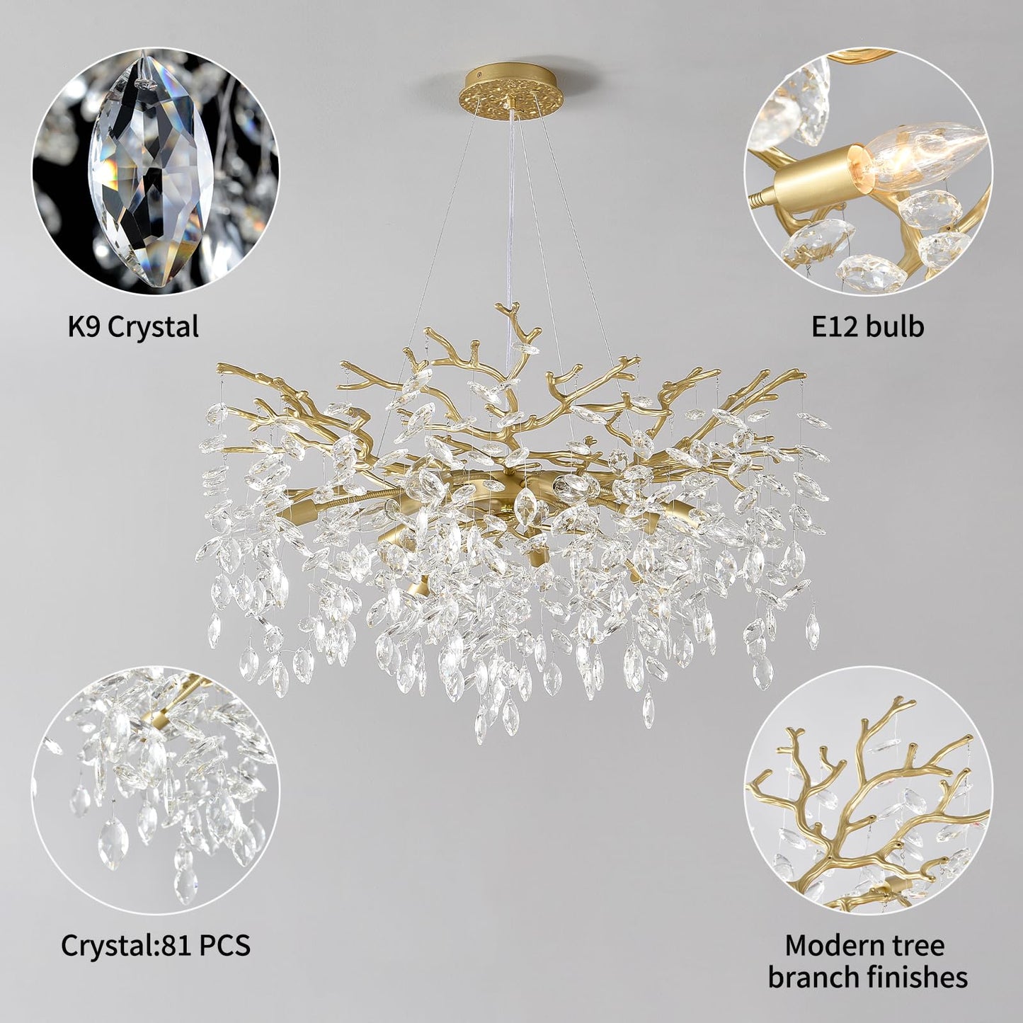 EGM Gold Tree Branch Crystal Chandelier, 32 Inch Modern Raindrop Crystal Ceiling Light Fixtures 10-Light(E12), Hanging Round Chandeliers for Dining Room Living Room Bedroom Foyer