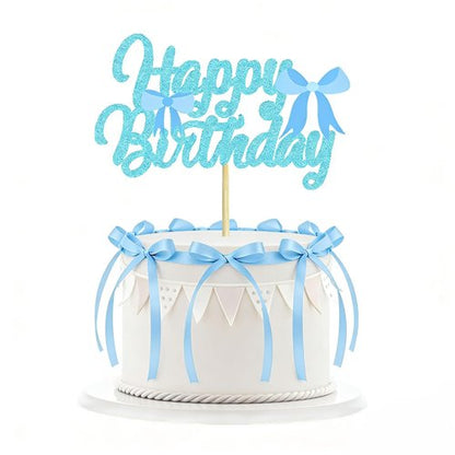 11 Pcs Blue Bow Cake Toppers, Happy Birthday Sign, 10Pcs Ribbion Bow Cupcake Toppers for Blue Bow Birthday Decorations, Baby Shower, Bridal Shower, Graduation Party