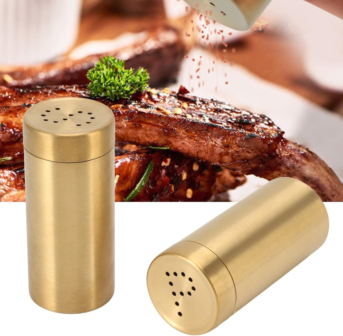 Gold Spice Jar, 2 Pcs Stainless Steel Rustproof Screw Open Top Seasoning Shaker Bottle for Salt, Sugar, Pepper